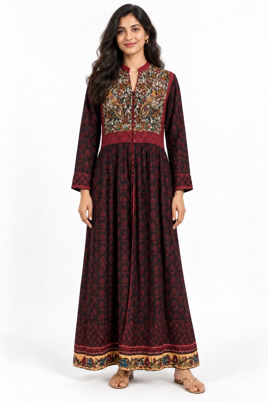Biba Indian Printed Button Front Half Collar Long Sleeve Maxi Dress